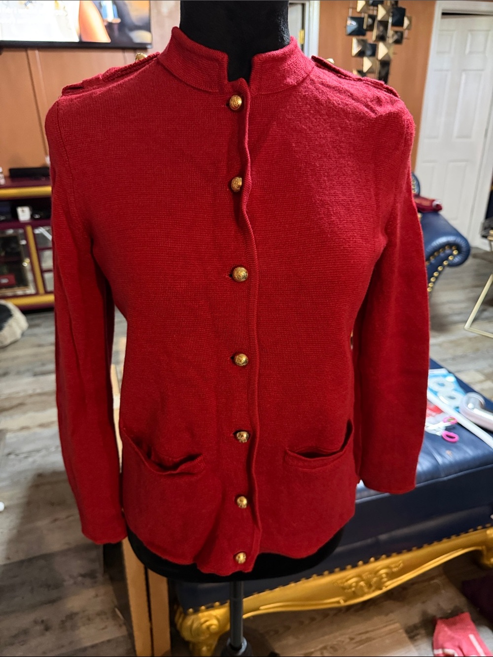 Red Military-Style Knit Jacket - Women
